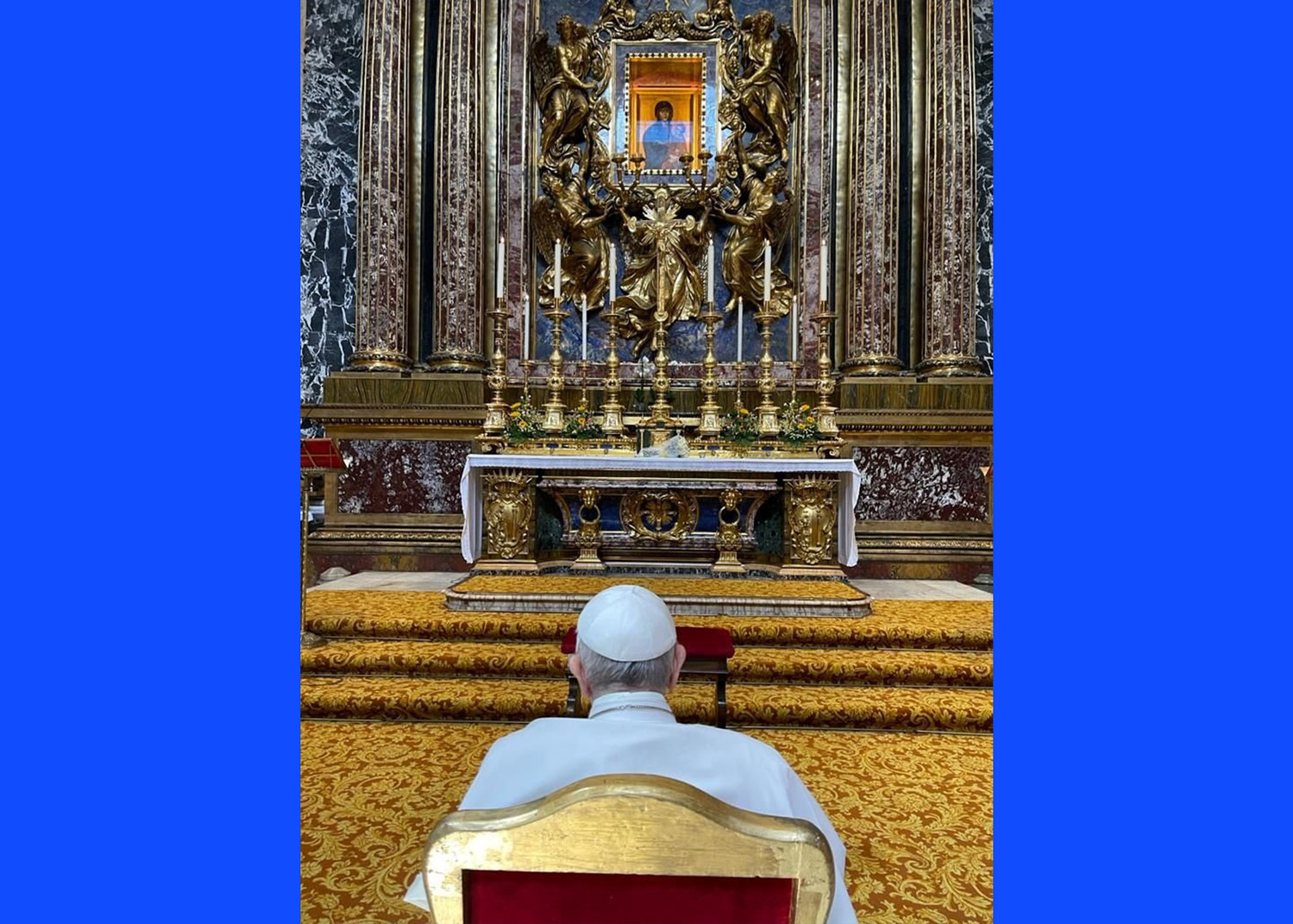 Pope Francis prays in front of the Marian icon “Salus Populi Romani” at the Basilica of St. Mary Major in Rome July 14, 2021. The pope visited the basilica after his release from Rome’s Gemelli hospital following his recovery from colon surgery.